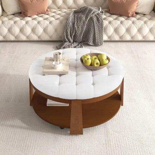 Tavolino da caffè rotondo con pouf, in nero e marrone / bianco avorio, con ripiano, capitonné, a 2 livelli, 1 posto