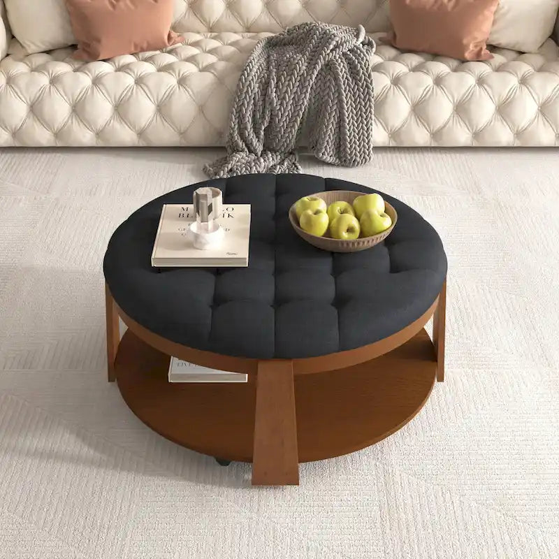 Tavolino da caffè rotondo con pouf, in nero e marrone / bianco avorio, con ripiano, capitonné, a 2 livelli, 1 posto