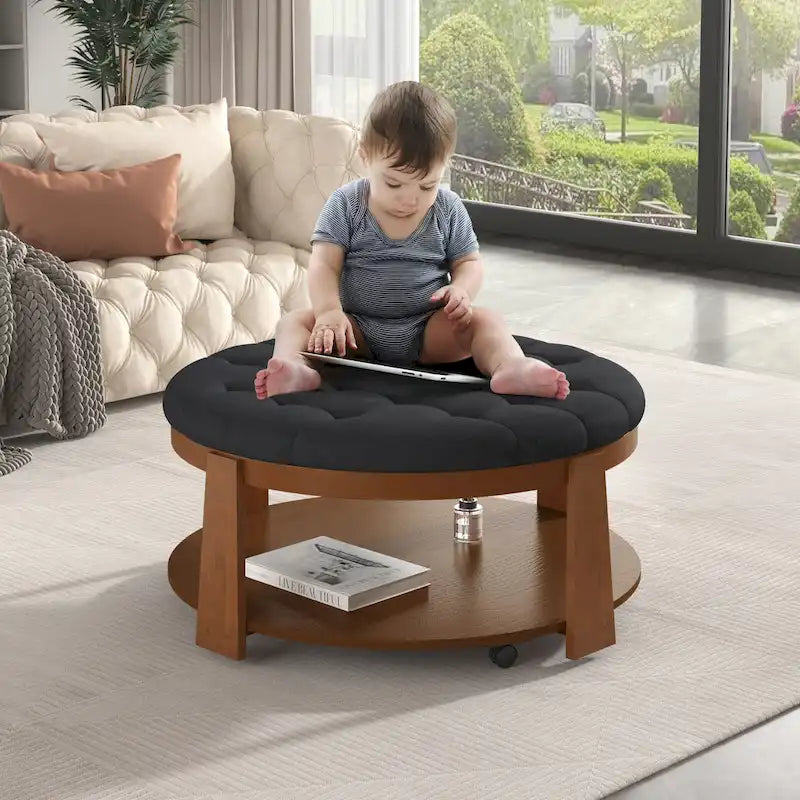 Tavolino da caffè rotondo con pouf, in nero e marrone / bianco avorio, con ripiano, capitonné, a 2 livelli, 1 posto