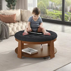 Tavolino da caffè rotondo con pouf, in nero e marrone / bianco avorio, con ripiano, capitonné, a 2 livelli, 1 posto