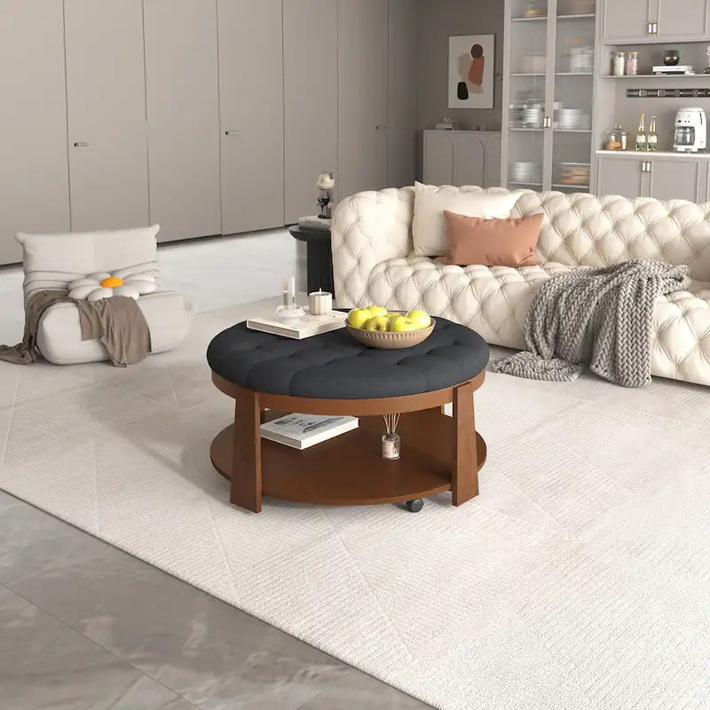 Tavolino da caffè rotondo con pouf, in nero e marrone / bianco avorio, con ripiano, capitonné, a 2 livelli, 1 posto