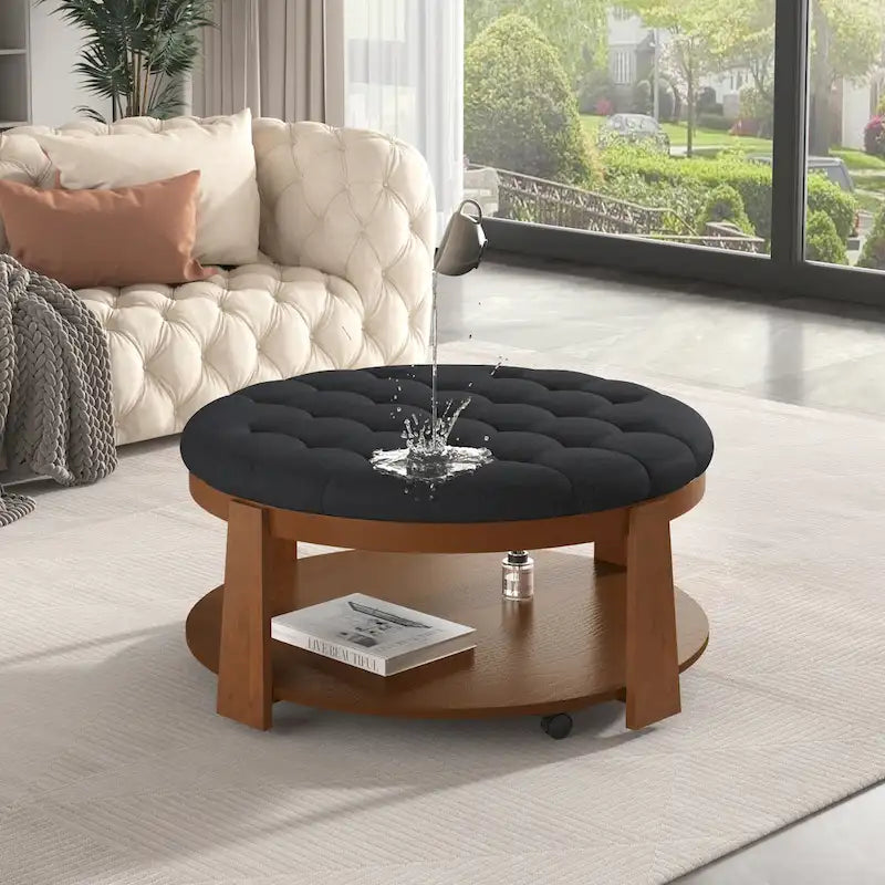 Tavolino da caffè rotondo con pouf, in nero e marrone / bianco avorio, con ripiano, capitonné, a 2 livelli, 1 posto