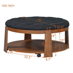 Tavolino da caffè rotondo con pouf, in nero e marrone / bianco avorio, con ripiano, capitonné, a 2 livelli, 1 posto