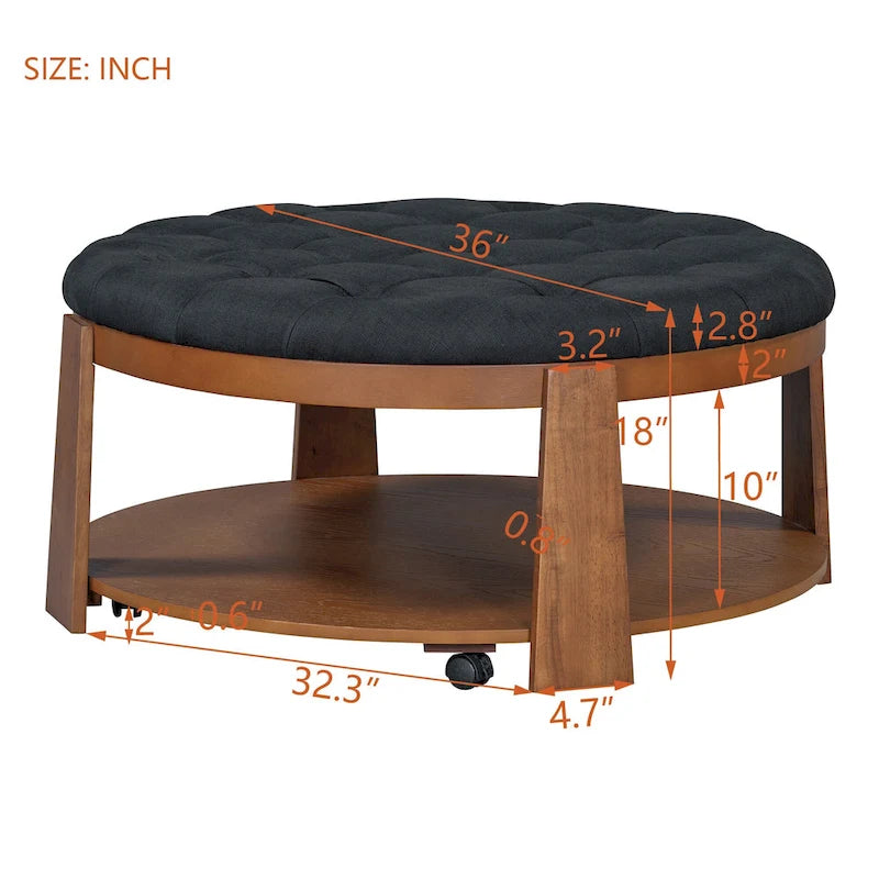 Tavolino da caffè rotondo con pouf, in nero e marrone / bianco avorio, con ripiano, capitonné, a 2 livelli, 1 posto