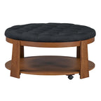 Tavolino da caffè rotondo con pouf, in nero e marrone / bianco avorio, con ripiano, capitonné, a 2 livelli, 1 posto