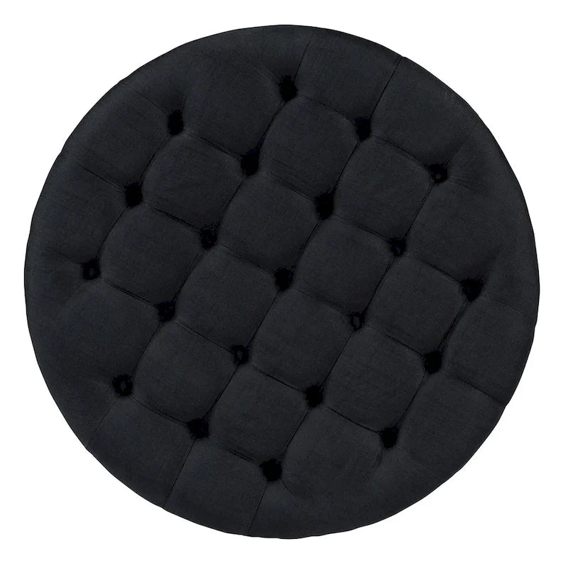 Tavolino da caffè rotondo con pouf, in nero e marrone / bianco avorio, con ripiano, capitonné, a 2 livelli, 1 posto