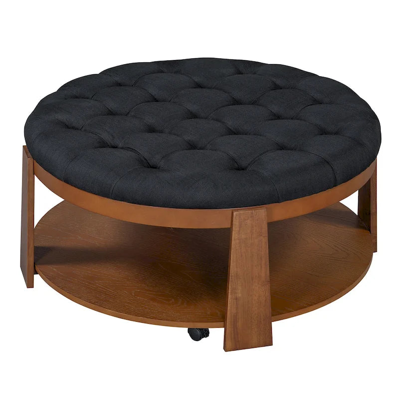 Tavolino da caffè rotondo con pouf, in nero e marrone / bianco avorio, con ripiano, capitonné, a 2 livelli, 1 posto