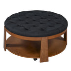 Tavolino da caffè rotondo con pouf, in nero e marrone / bianco avorio, con ripiano, capitonné, a 2 livelli, 1 posto
