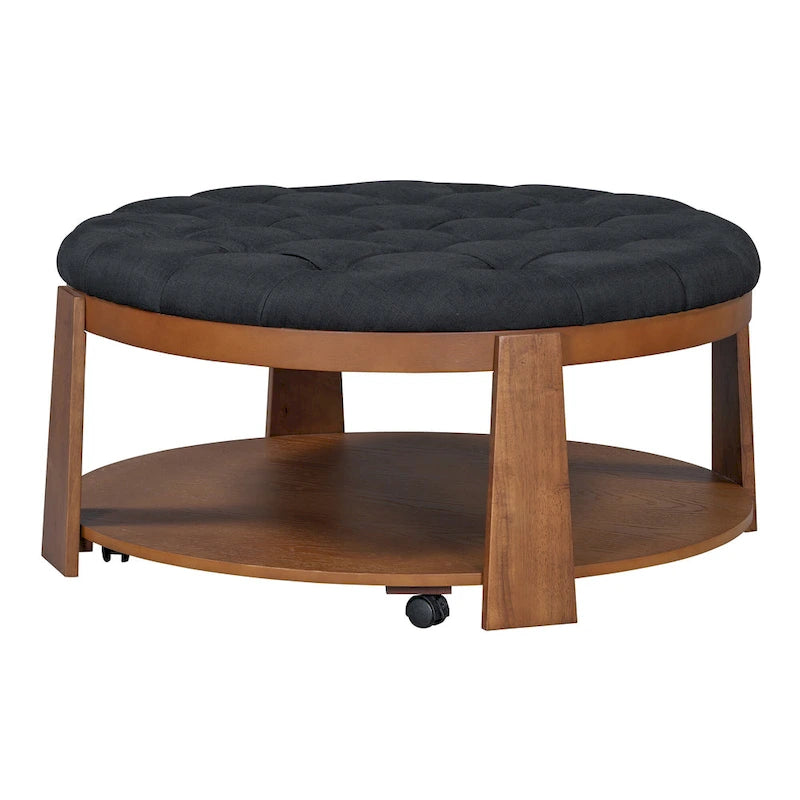 Tavolino da caffè rotondo con pouf, in nero e marrone / bianco avorio, con ripiano, capitonné, a 2 livelli, 1 posto