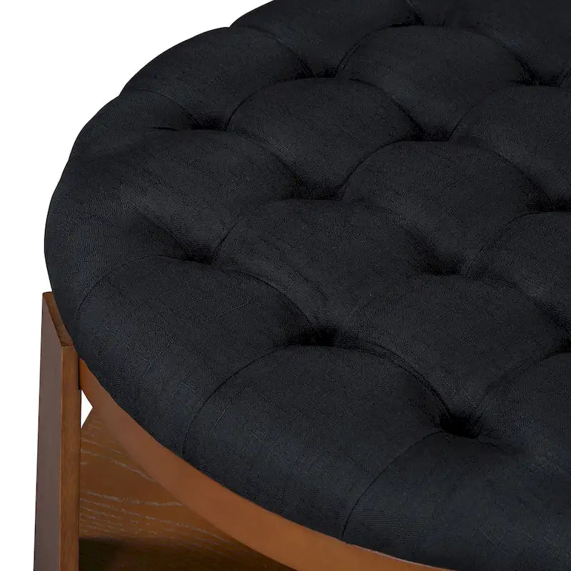Tavolino da caffè rotondo con pouf, in nero e marrone / bianco avorio, con ripiano, capitonné, a 2 livelli, 1 posto
