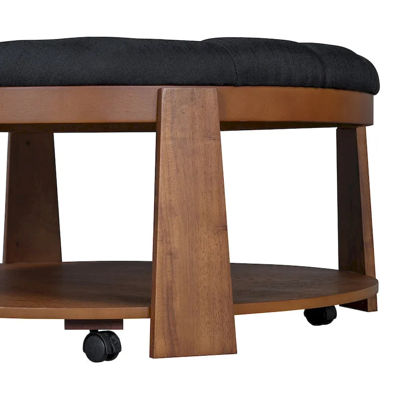 Tavolino da caffè rotondo con pouf, in nero e marrone / bianco avorio, con ripiano, capitonné, a 2 livelli, 1 posto