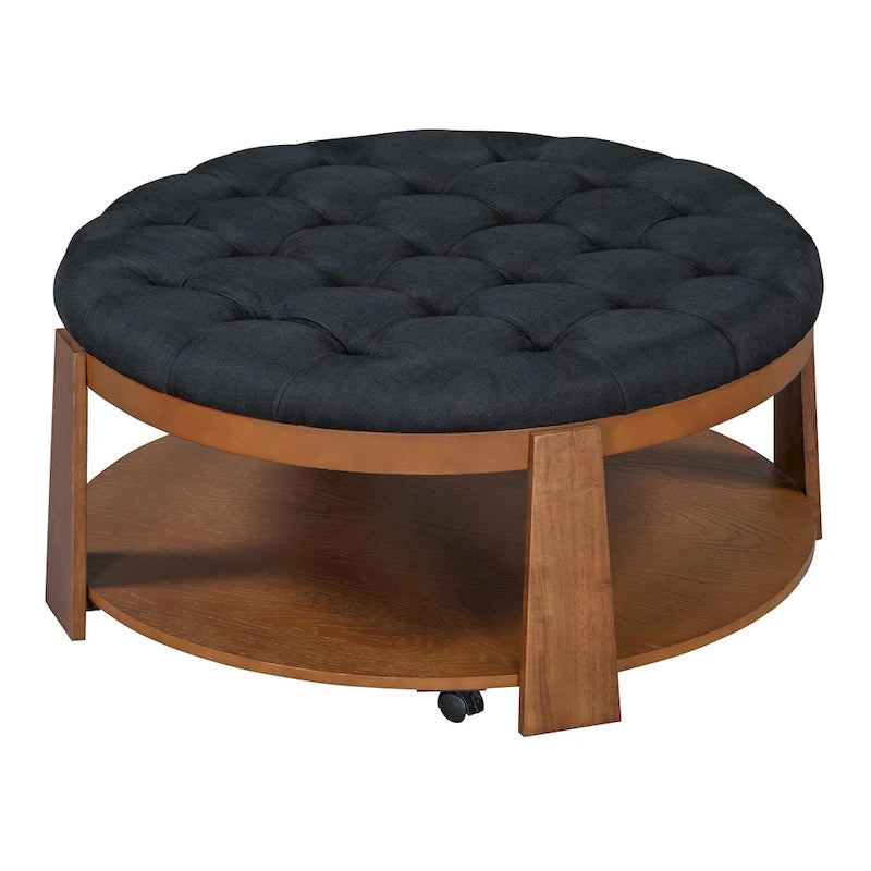Tavolino da caffè rotondo con pouf, in nero e marrone / bianco avorio, con ripiano, capitonné, a 2 livelli, 1 posto