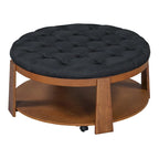 Tavolino da caffè rotondo con pouf, in nero e marrone / bianco avorio, con ripiano, capitonné, a 2 livelli, 1 posto