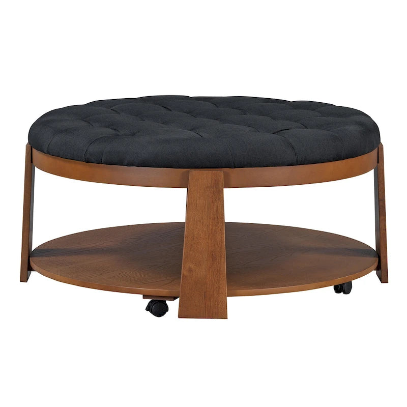 Tavolino da caffè rotondo con pouf, in nero e marrone / bianco avorio, con ripiano, capitonné, a 2 livelli, 1 posto