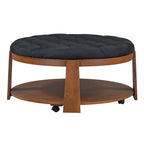 Tavolino da caffè rotondo con pouf, in nero e marrone / bianco avorio, con ripiano, capitonné, a 2 livelli, 1 posto