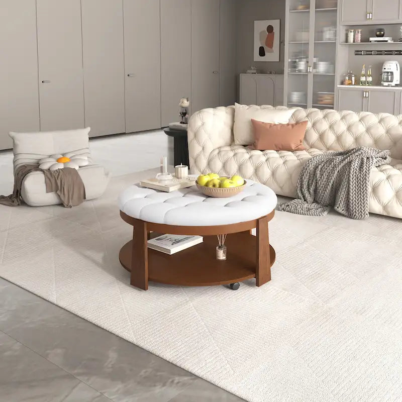 Tavolino da caffè rotondo con pouf, in nero e marrone / bianco avorio, con ripiano, capitonné, a 2 livelli, 1 posto