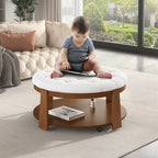 Tavolino da caffè rotondo con pouf, in nero e marrone / bianco avorio, con ripiano, capitonné, a 2 livelli, 1 posto