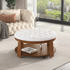 Tavolino da caffè rotondo con pouf, in nero e marrone / bianco avorio, con ripiano, capitonné, a 2 livelli, 1 posto