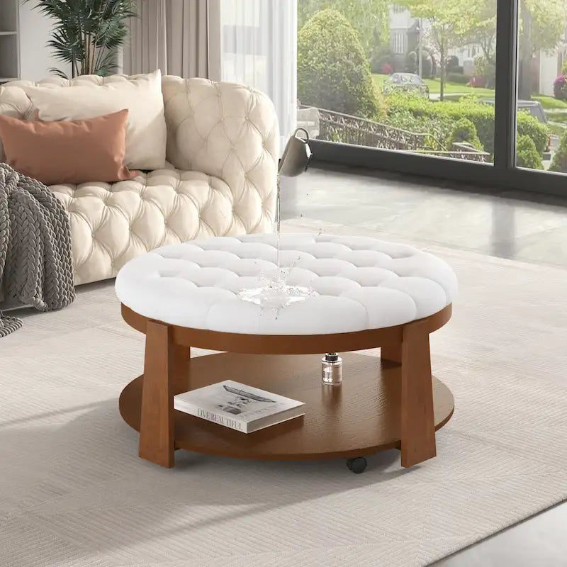Tavolino da caffè rotondo con pouf, in nero e marrone / bianco avorio, con ripiano, capitonné, a 2 livelli, 1 posto