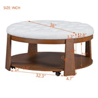 Tavolino da caffè rotondo con pouf, in nero e marrone / bianco avorio, con ripiano, capitonné, a 2 livelli, 1 posto