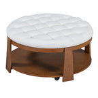 Tavolino da caffè rotondo con pouf, in nero e marrone / bianco avorio, con ripiano, capitonné, a 2 livelli, 1 posto
