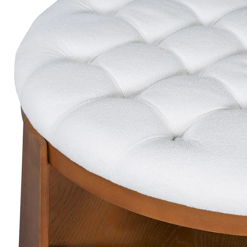 Tavolino da caffè rotondo con pouf, in nero e marrone / bianco avorio, con ripiano, capitonné, a 2 livelli, 1 posto