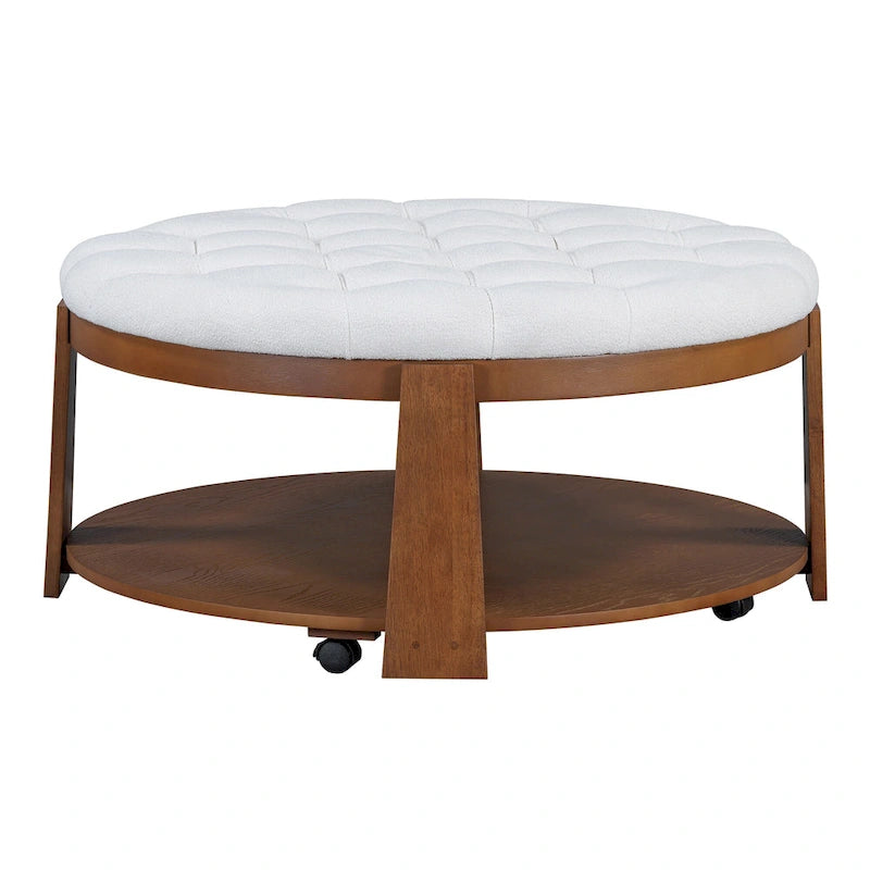 Tavolino da caffè rotondo con pouf, in nero e marrone / bianco avorio, con ripiano, capitonné, a 2 livelli, 1 posto