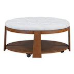 Tavolino da caffè rotondo con pouf, in nero e marrone / bianco avorio, con ripiano, capitonné, a 2 livelli, 1 posto