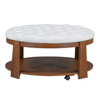 Tavolino da caffè rotondo con pouf, in nero e marrone / bianco avorio, con ripiano, capitonné, a 2 livelli, 1 posto