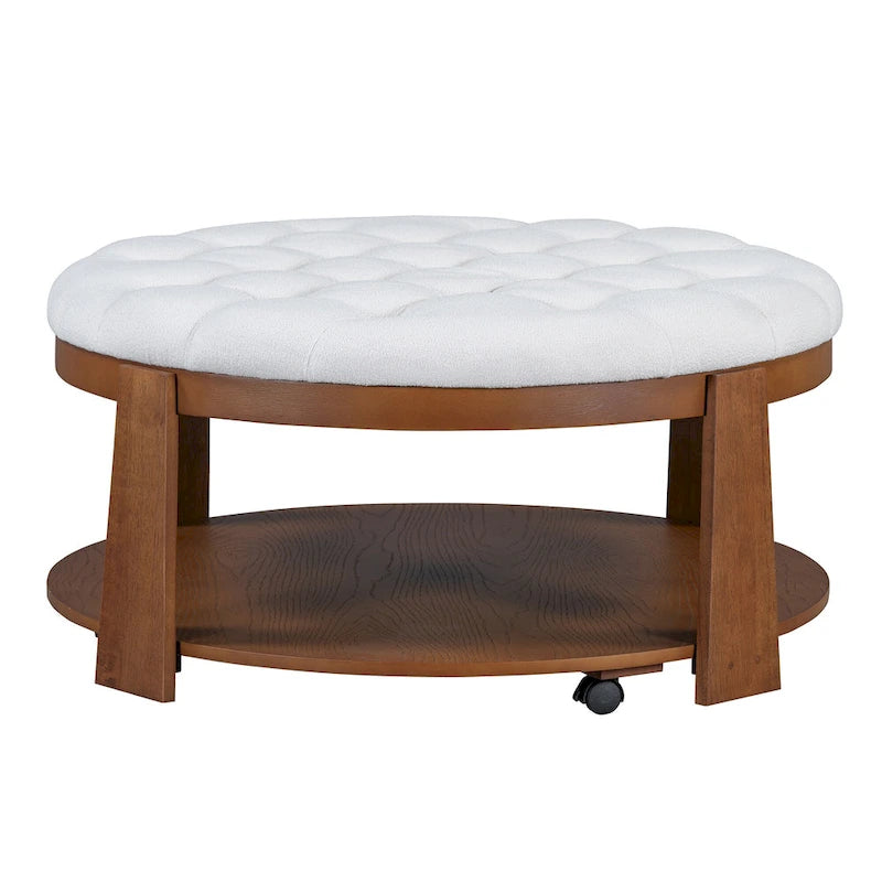 Tavolino da caffè rotondo con pouf, in nero e marrone / bianco avorio, con ripiano, capitonné, a 2 livelli, 1 posto