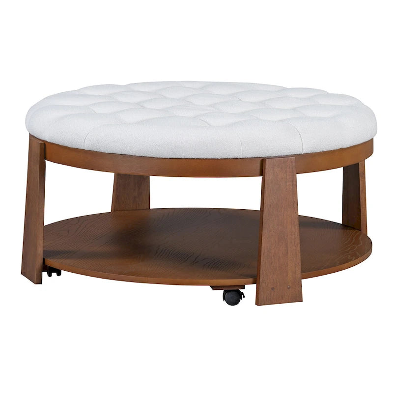 Tavolino da caffè rotondo con pouf, in nero e marrone / bianco avorio, con ripiano, capitonné, a 2 livelli, 1 posto