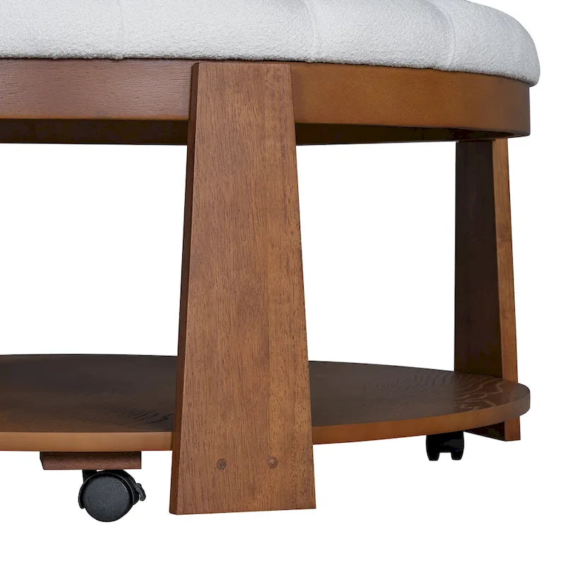 Tavolino da caffè rotondo con pouf, in nero e marrone / bianco avorio, con ripiano, capitonné, a 2 livelli, 1 posto