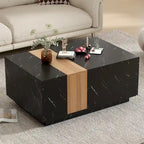 Tavolino Rettangolare con 2 Cassetti, Nero/Bianco, Effetto Marmo e Venature del Legno, Montaggio per 1 Persona