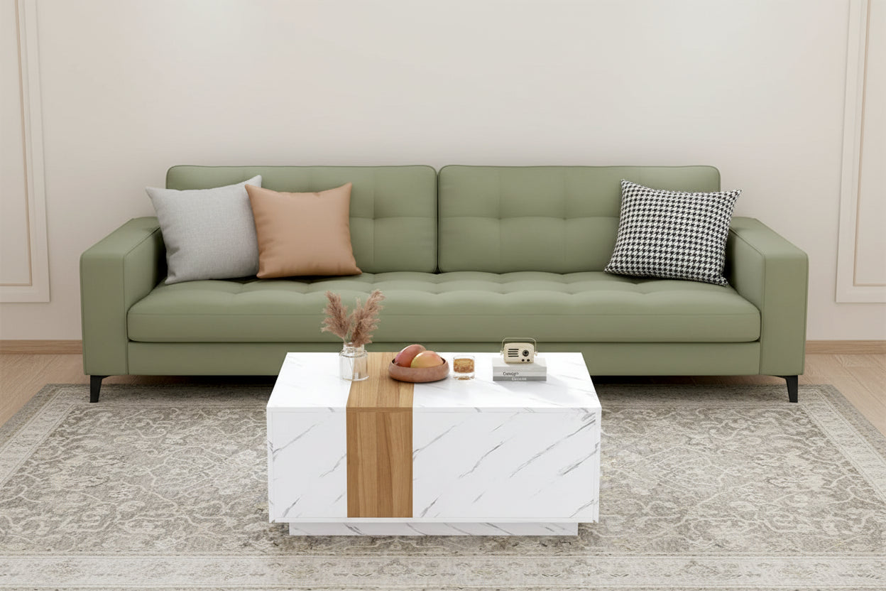 Tavolino Rettangolare con 2 Cassetti, Nero/Bianco, Effetto Marmo e Venature del Legno, Montaggio per 1 Persona