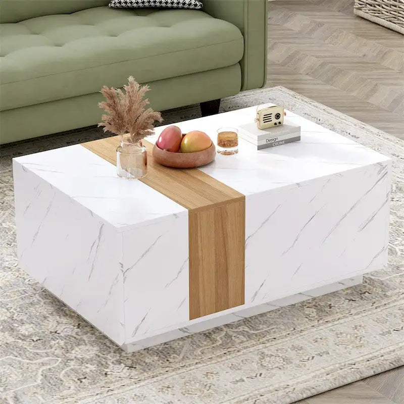Tavolino Rettangolare con 2 Cassetti, Nero/Bianco, Effetto Marmo e Venature del Legno, Montaggio per 1 Persona