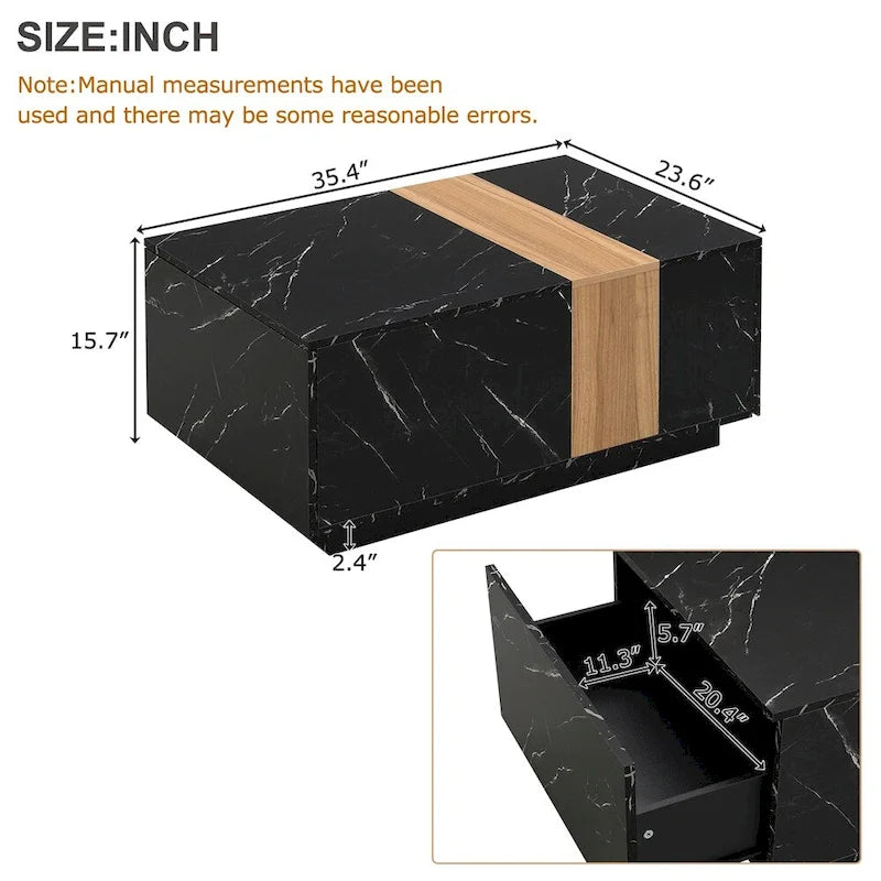 Tavolino Rettangolare con 2 Cassetti, Nero/Bianco, Effetto Marmo e Venature del Legno, Montaggio per 1 Persona