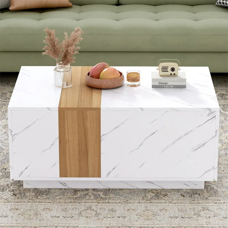 Tavolino Rettangolare con 2 Cassetti, Nero/Bianco, Effetto Marmo e Venature del Legno, Montaggio per 1 Persona