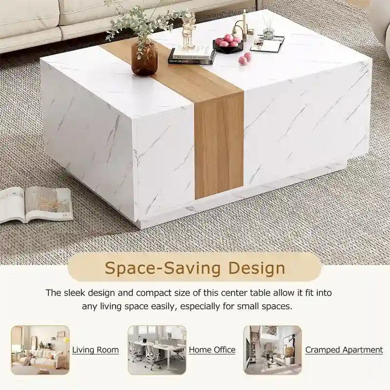Tavolino Rettangolare con 2 Cassetti, Nero/Bianco, Effetto Marmo e Venature del Legno, Montaggio per 1 Persona