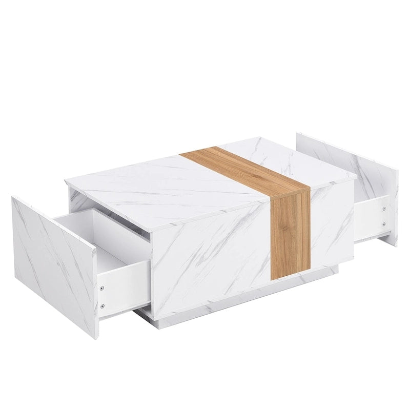 Tavolino Rettangolare con 2 Cassetti, Nero/Bianco, Effetto Marmo e Venature del Legno, Montaggio per 1 Persona