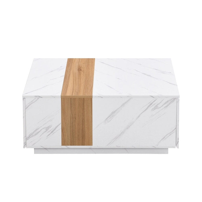 Tavolino Rettangolare con 2 Cassetti, Nero/Bianco, Effetto Marmo e Venature del Legno, Montaggio per 1 Persona