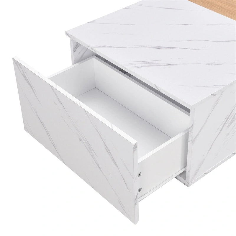 Tavolino Rettangolare con 2 Cassetti, Nero/Bianco, Effetto Marmo e Venature del Legno, Montaggio per 1 Persona