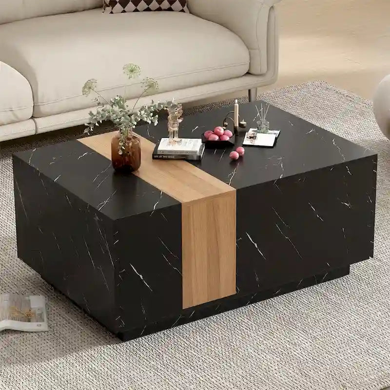 Tavolino Rettangolare con 2 Cassetti, Nero/Bianco, Effetto Marmo e Venature del Legno, Montaggio per 1 Persona