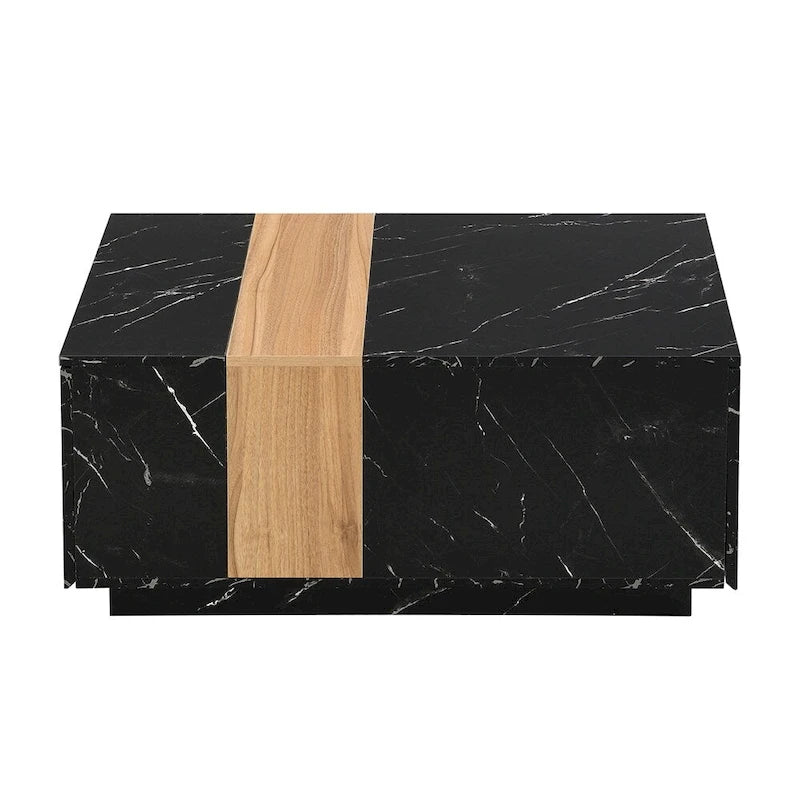 Tavolino Rettangolare con 2 Cassetti, Nero/Bianco, Effetto Marmo e Venature del Legno, Montaggio per 1 Persona