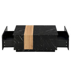 Tavolino Rettangolare con 2 Cassetti, Nero/Bianco, Effetto Marmo e Venature del Legno, Montaggio per 1 Persona