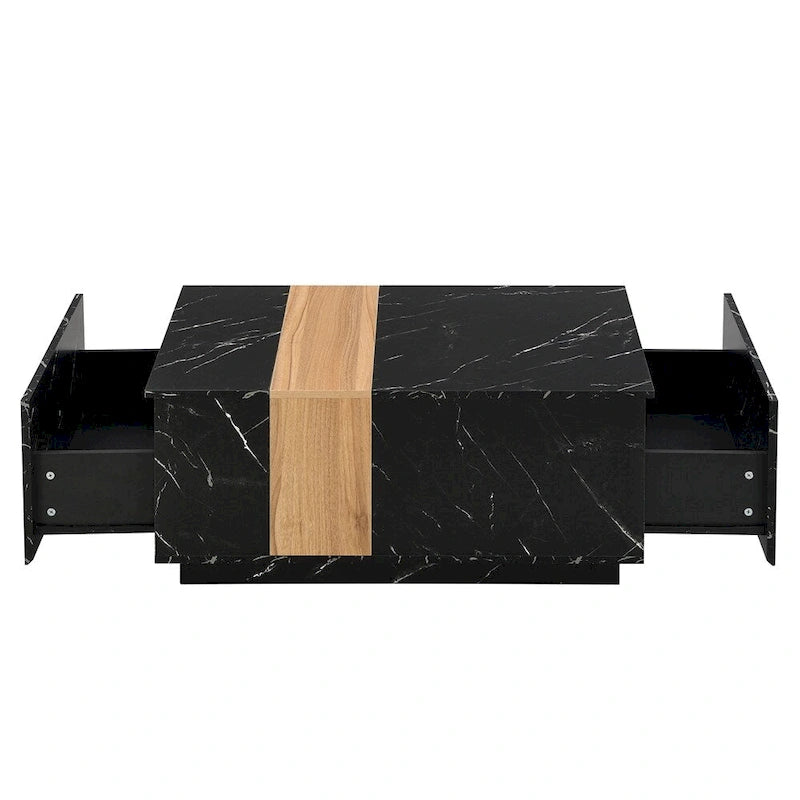 Tavolino Rettangolare con 2 Cassetti, Nero/Bianco, Effetto Marmo e Venature del Legno, Montaggio per 1 Persona