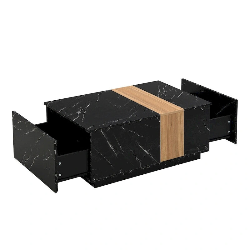 Tavolino Rettangolare con 2 Cassetti, Nero/Bianco, Effetto Marmo e Venature del Legno, Montaggio per 1 Persona