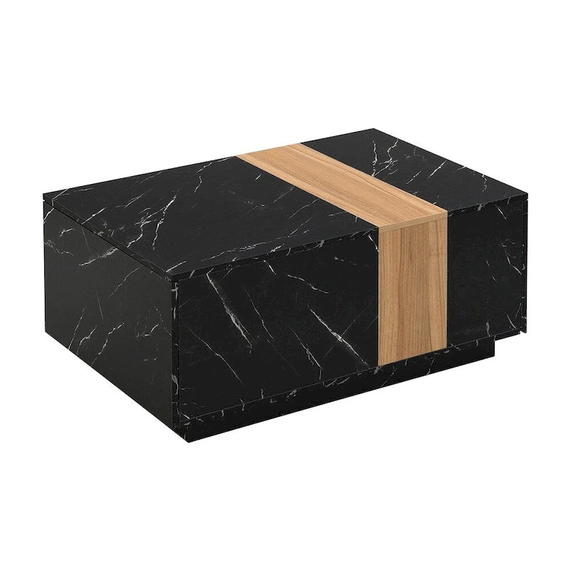 Tavolino Rettangolare con 2 Cassetti, Nero/Bianco, Effetto Marmo e Venature del Legno, Montaggio per 1 Persona