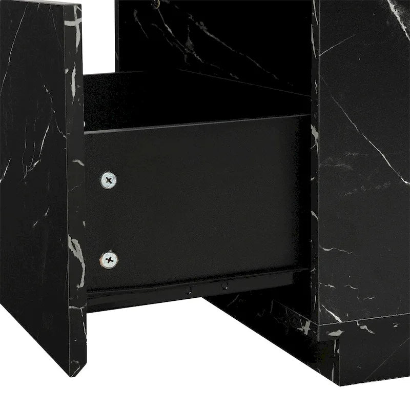 Tavolino Rettangolare con 2 Cassetti, Nero/Bianco, Effetto Marmo e Venature del Legno, Montaggio per 1 Persona