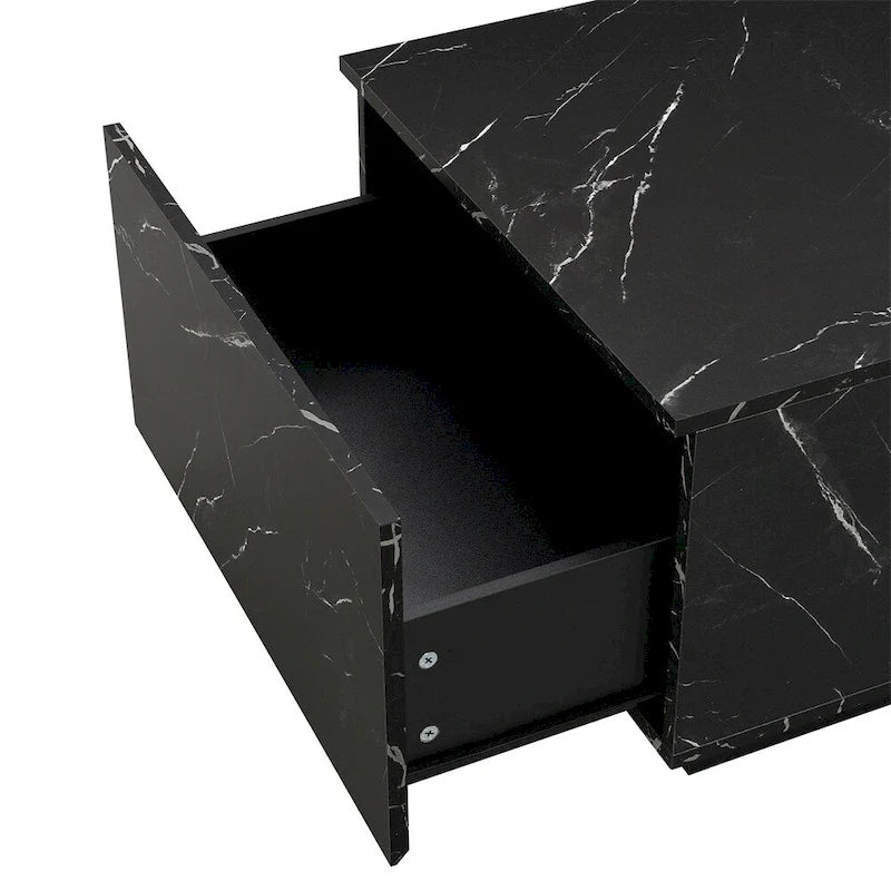Tavolino Rettangolare con 2 Cassetti, Nero/Bianco, Effetto Marmo e Venature del Legno, Montaggio per 1 Persona
