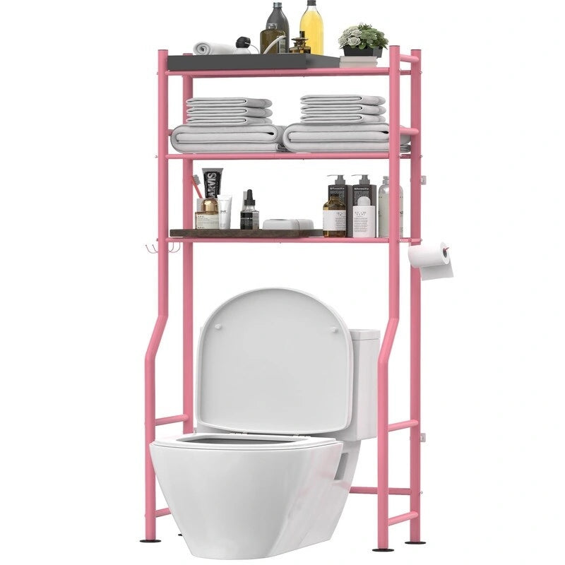 Scaffale portaoggetti da bagno da posizionare sopra il WC a 3 livelli, scaffale in metallo autoportante con 4 ganci, nero/bianco/rosa/blu/viola